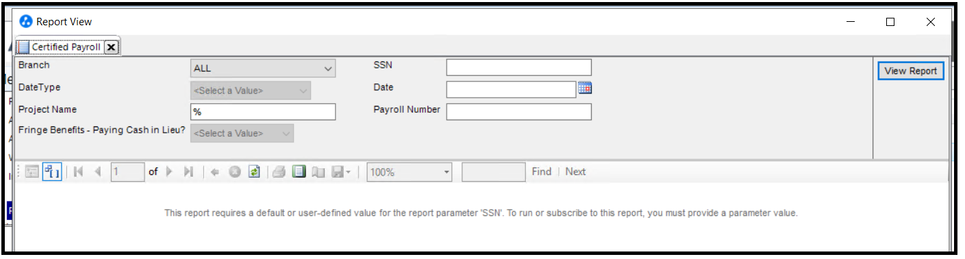 Certified Payroll report parameters screen