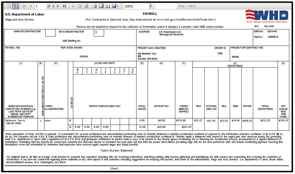 Certified Payroll report example - page 1