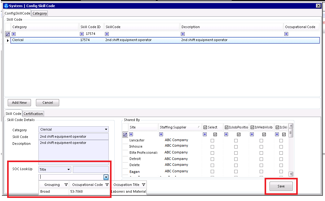 SOC LookUp section in Skill Code admin screen