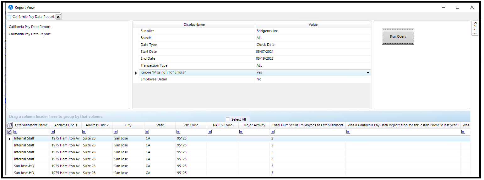 Report fields output for the CA Payroll Employee Report AQ