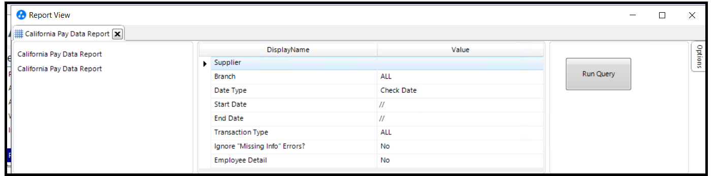 Parameters screen for the CA Payroll Employee Report AQ