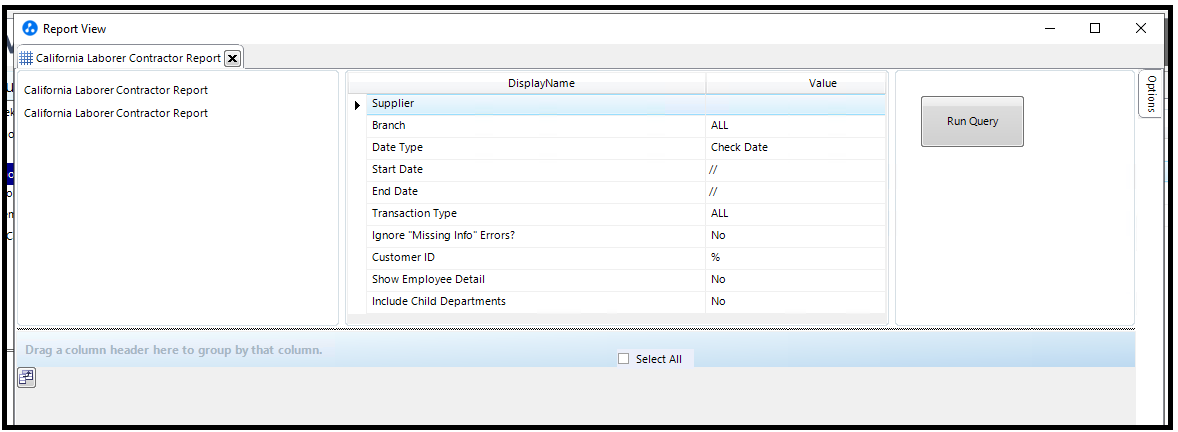 Parameters screen for the CA Labor Contractor Employee Report AQ