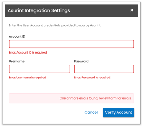 Validation error messages for missing or invalid credentials