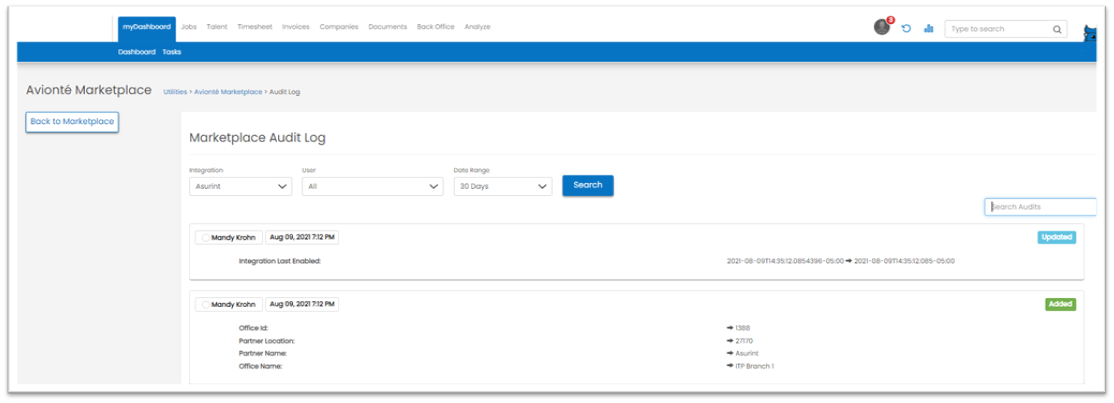 Marketplace Audit filters and search