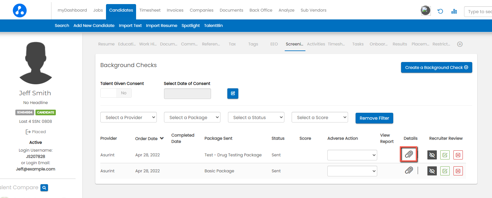 Details button on an existing background check order