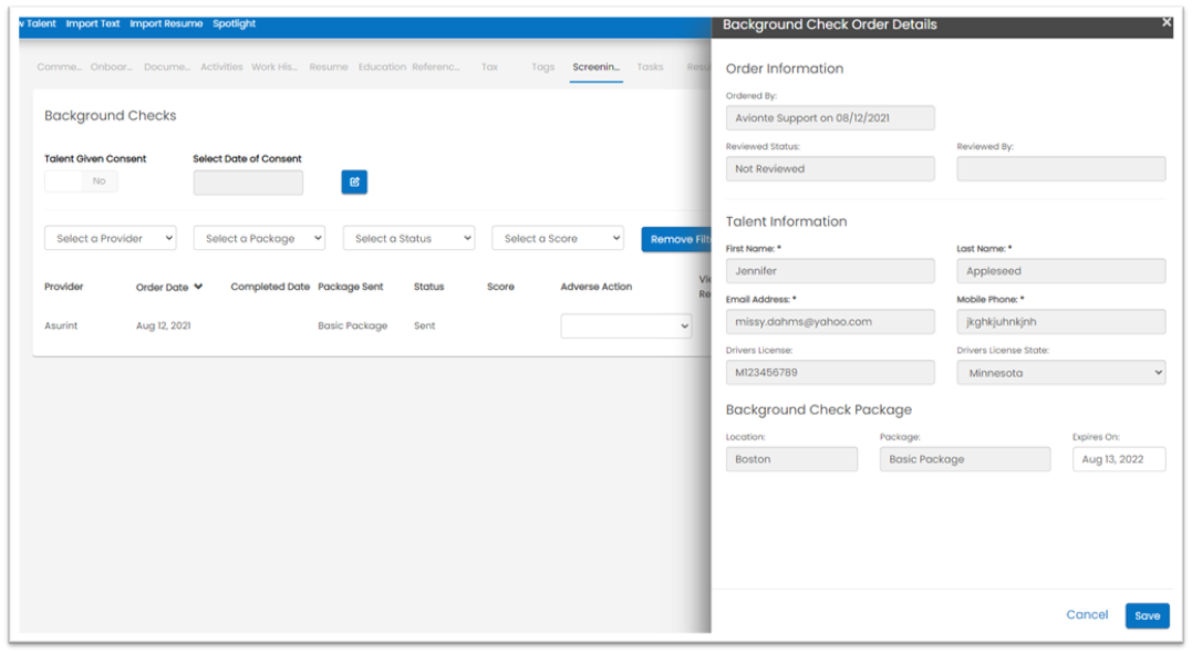 Talent Screening page with field definitions highlighted
