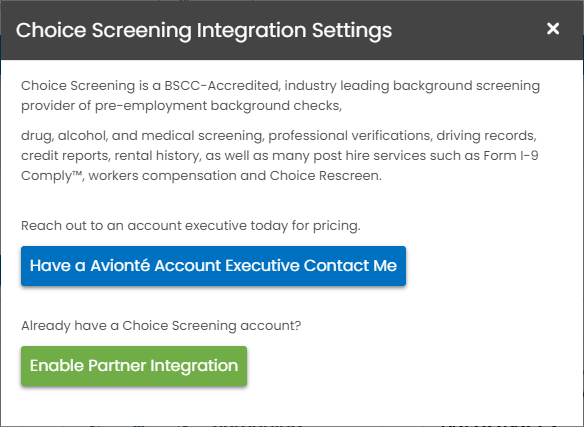 Choice Screening integration details panel
