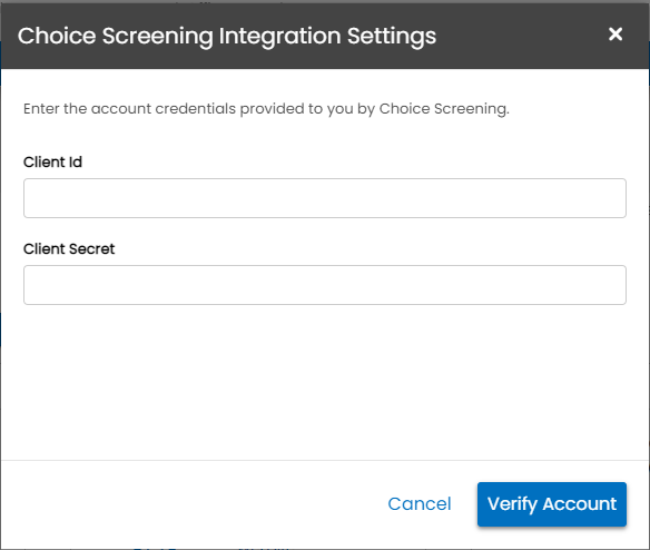 Choice Screening credential entry screen