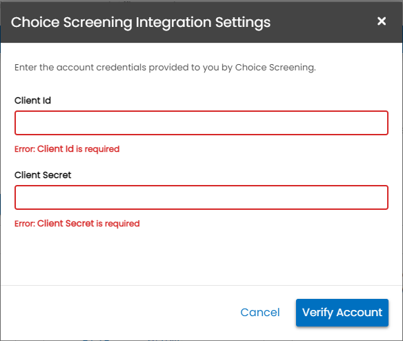 Account validation error messages