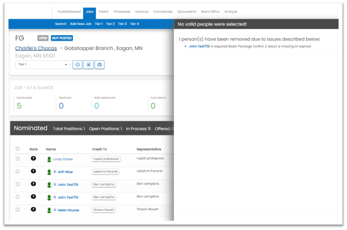 Placement validation error for missing background check requirements