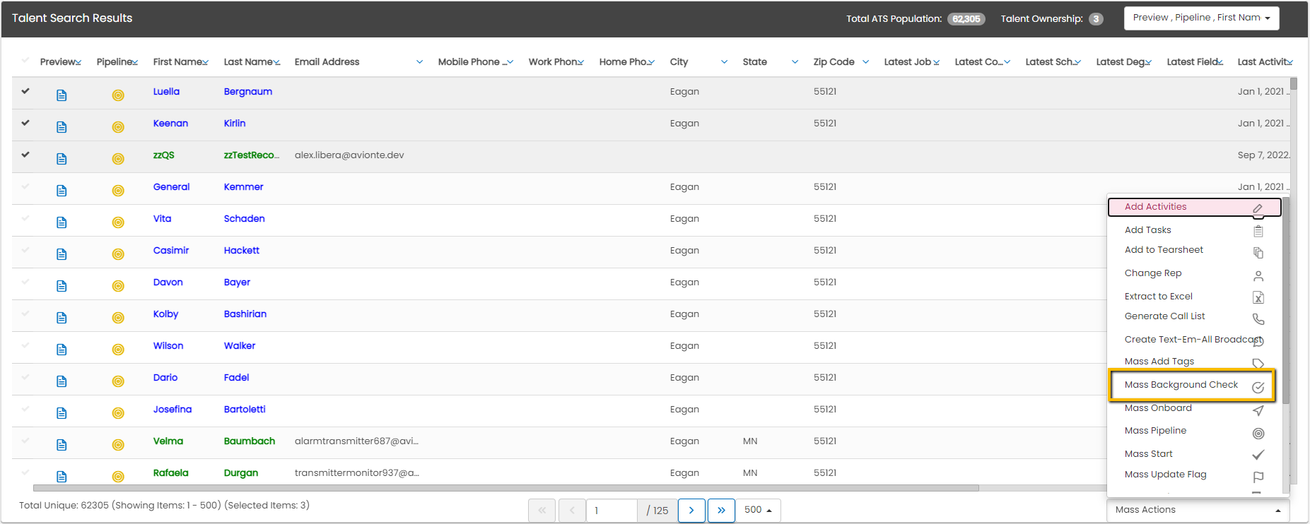 Talent search mass selection for background checks