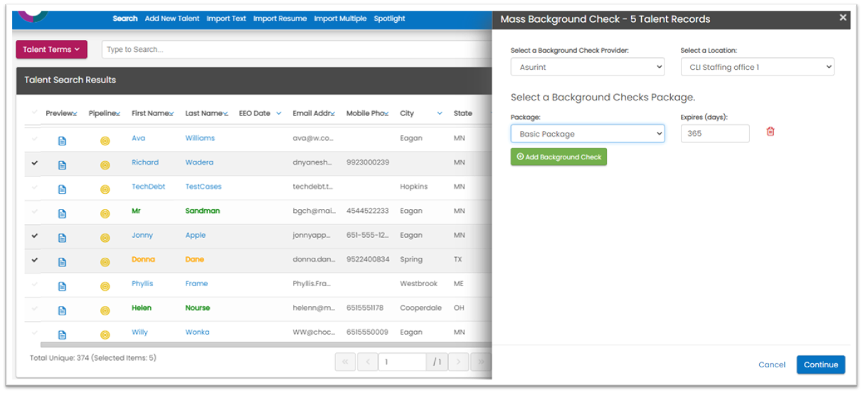 Mass background check order flyout with Staffing Company Consent