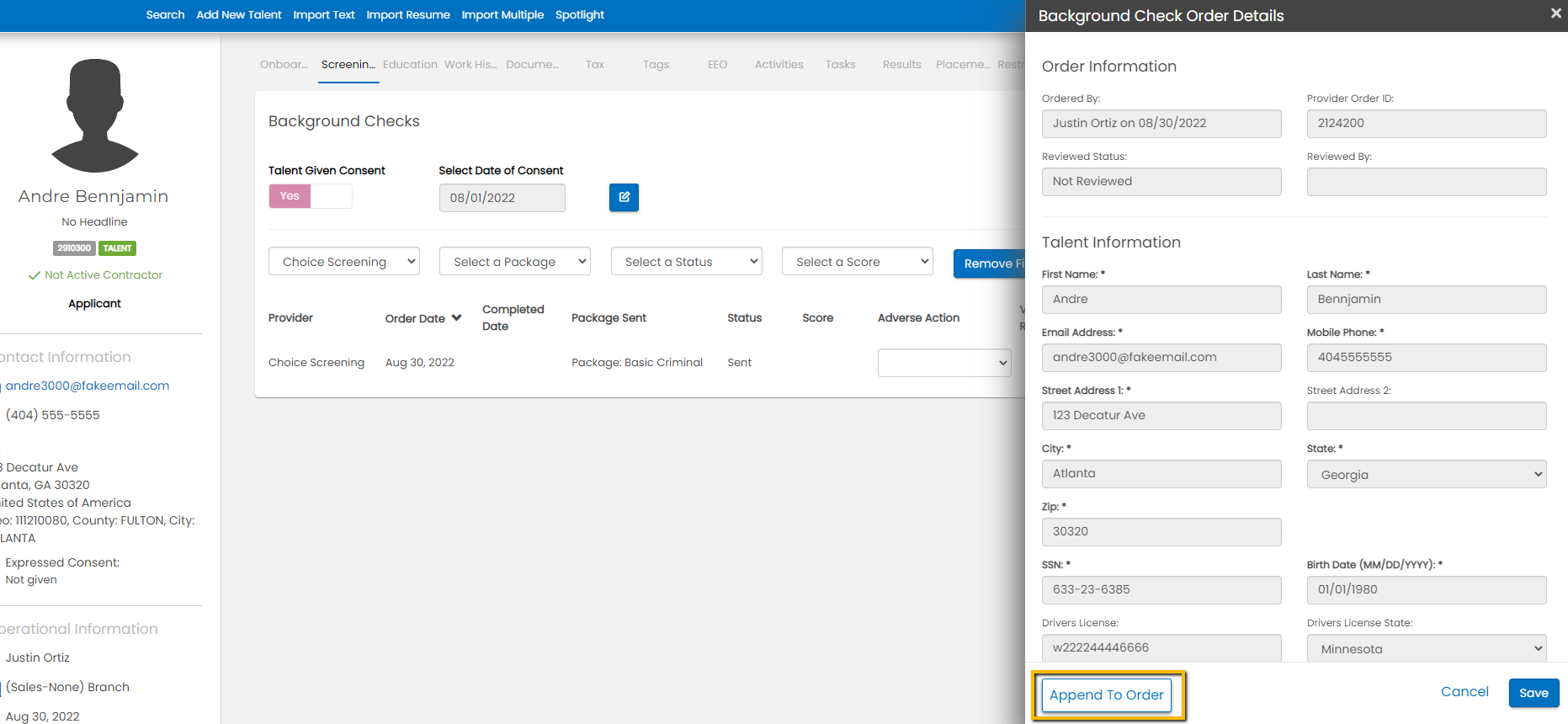 Append to Order button in background check details