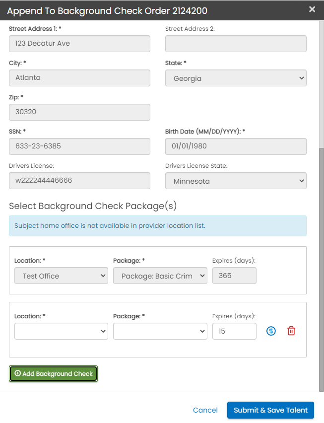 Add background check form for appending a package