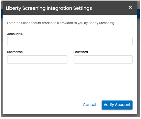 Liberty Screening account credentials configuration screen