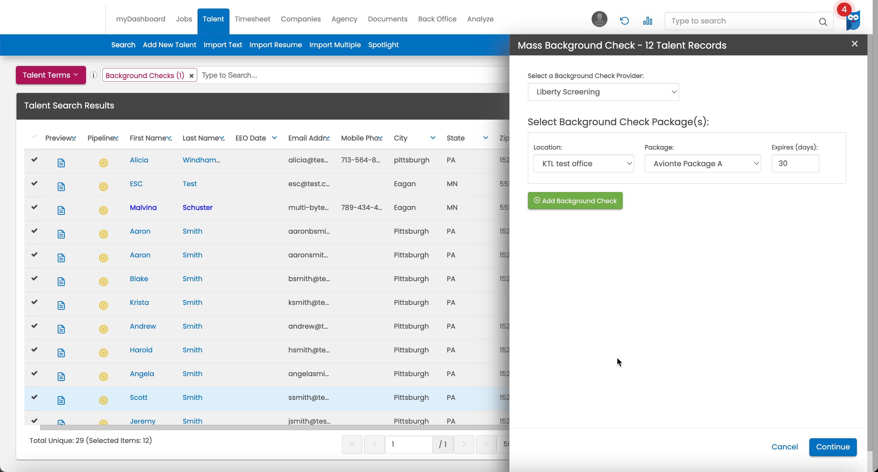 Mass Background Check order screen — Staffing Company Consent