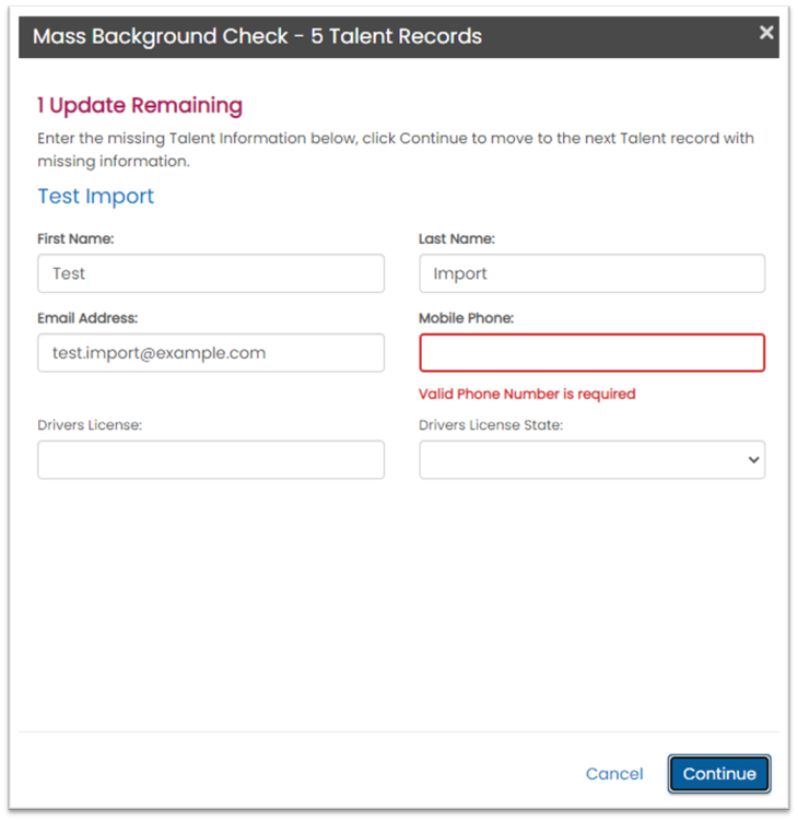 Mass order data validation — highlighted missing fields (Staffing Company Consent)