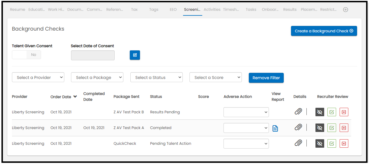 Talent Screening page showing ordered background checks