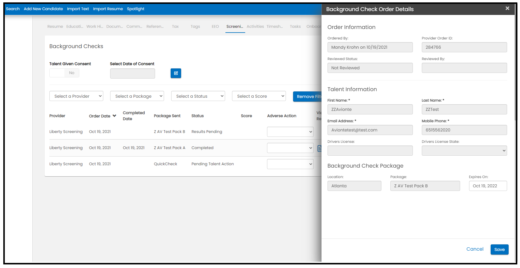 Background check order details on the Talent Screening page