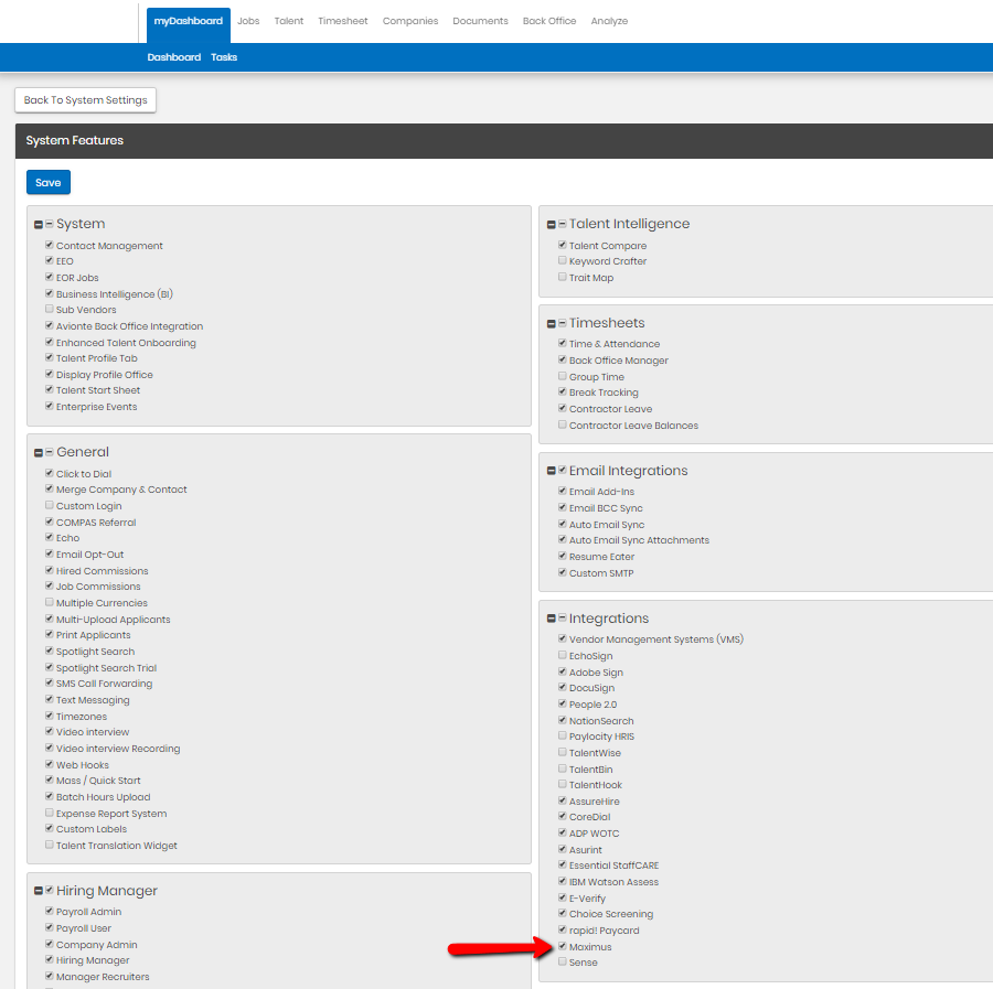 System Features Integrations section with Maximus option