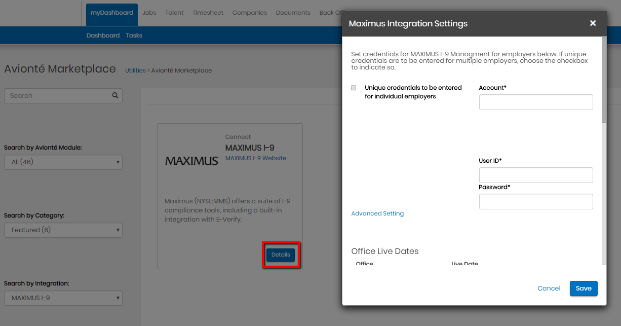 Maximus I-9 integration settings screen