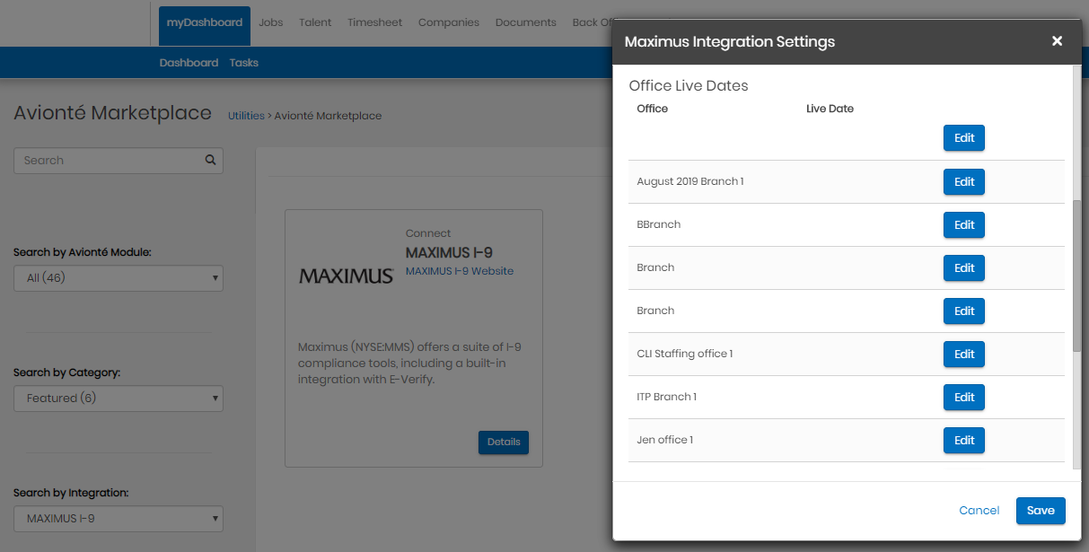 Branch live dates configuration in Maximus Integration Settings