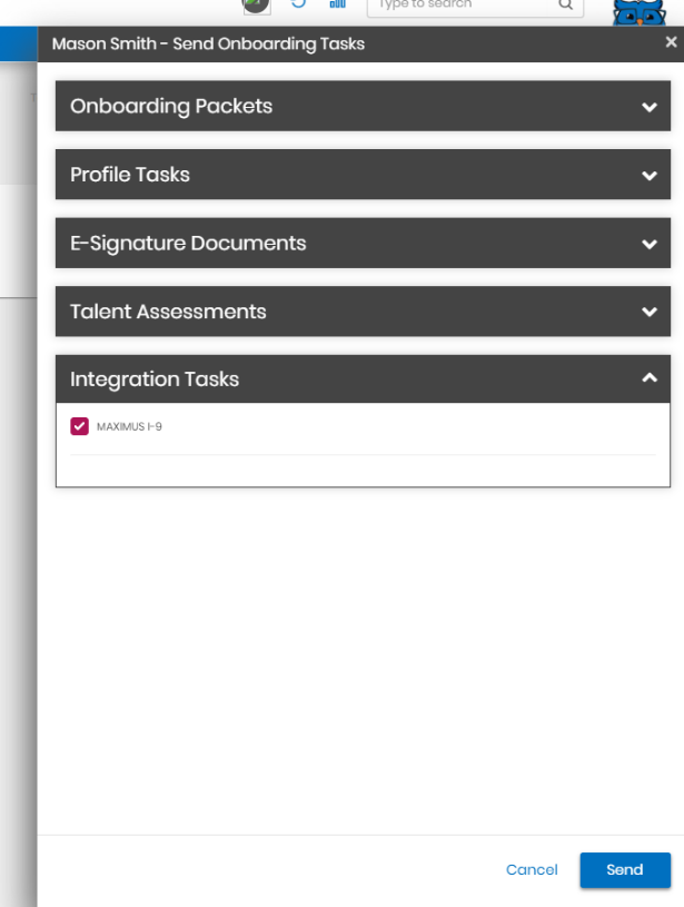 Send Onboarding Tasks dialog with Maximus I-9 selected