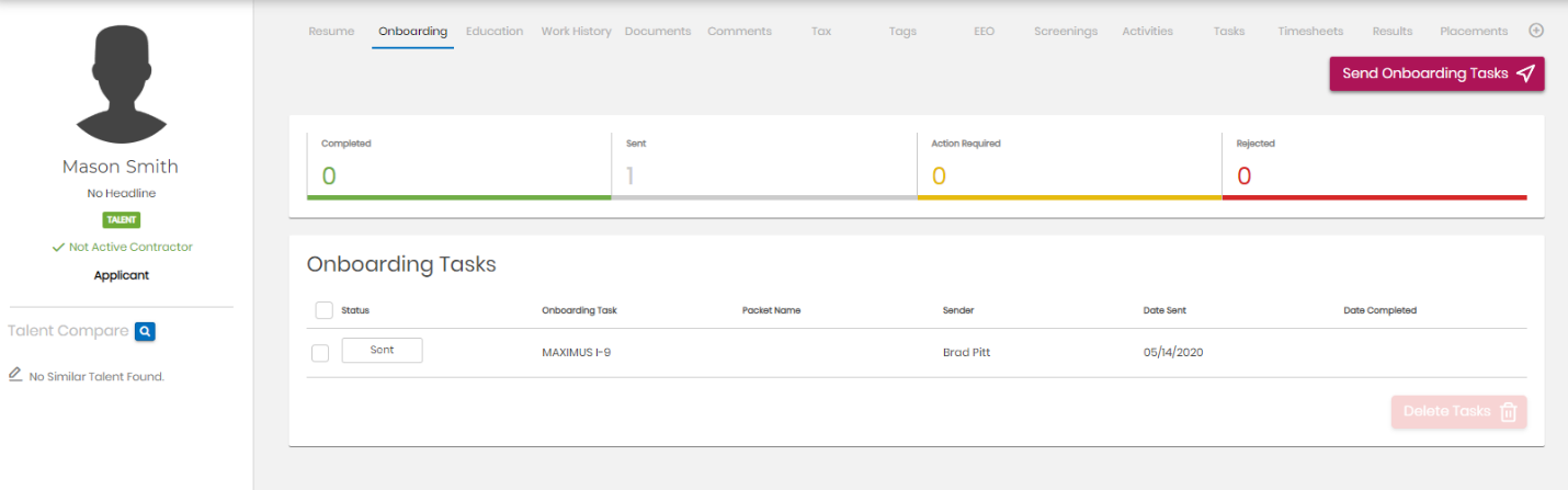 Onboarding tasks list showing Maximus I-9 with Sent status