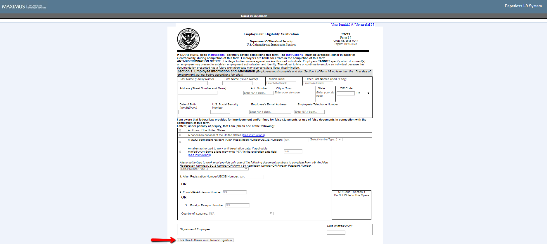 Section 1 of the I-9 with electronic signature button