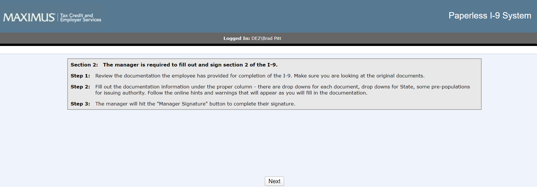 Manager instructions page for completing Section 2
