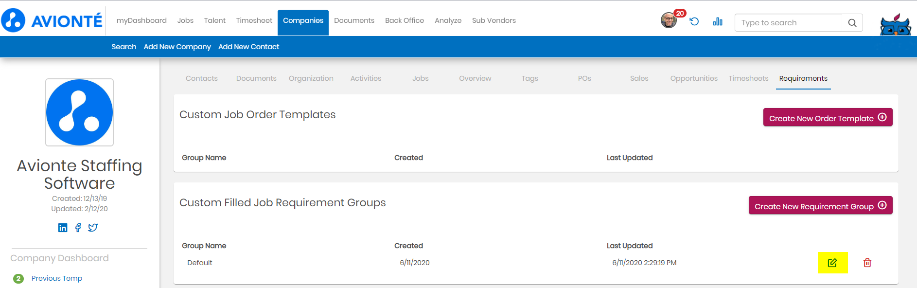 Requirements section at the company level with edit button