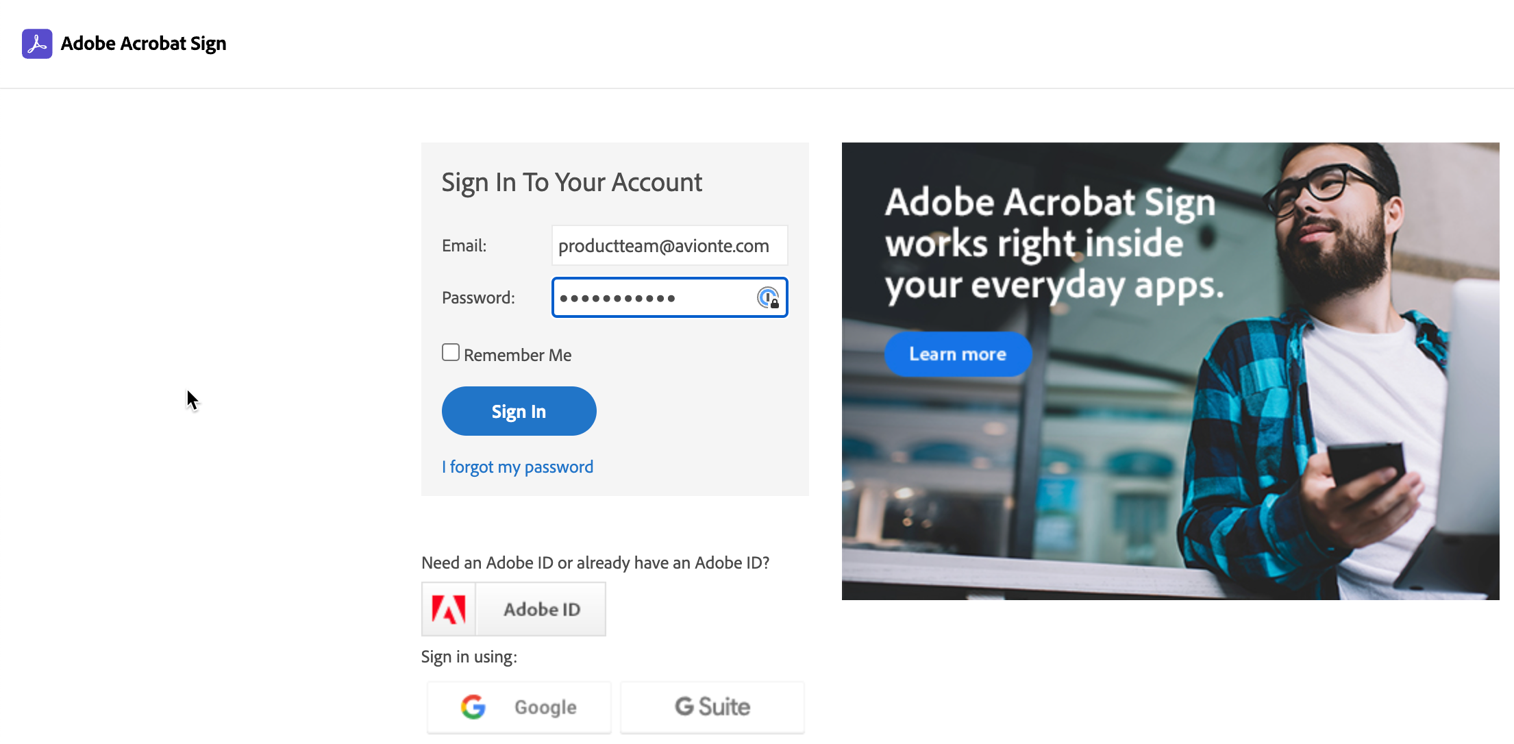 Adobe Acrobat Sign login screen