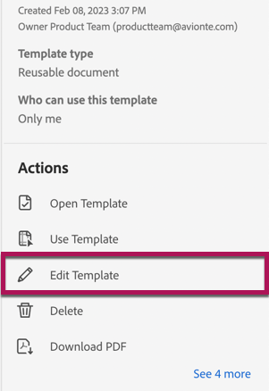 Adobe Template Actions panel