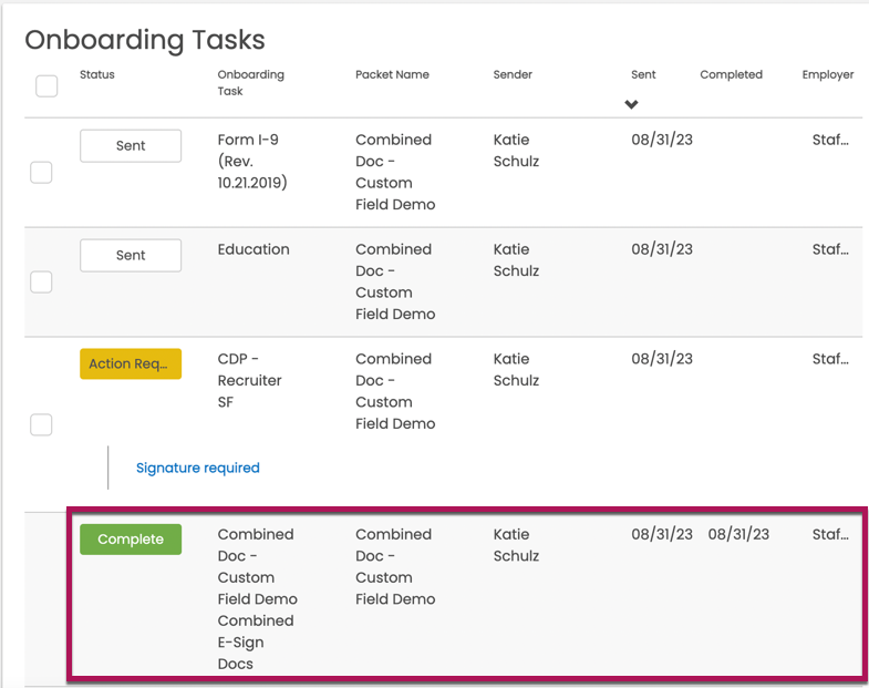Onboarding Tasks list showing a Combined Documents packet