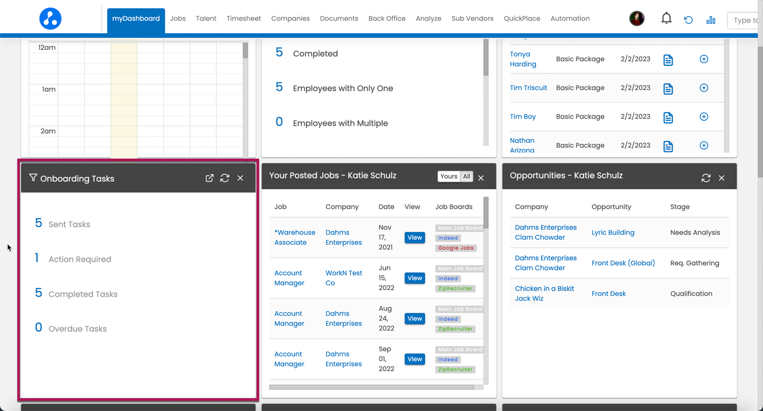 Dashboard with Onboarding Tasks widget