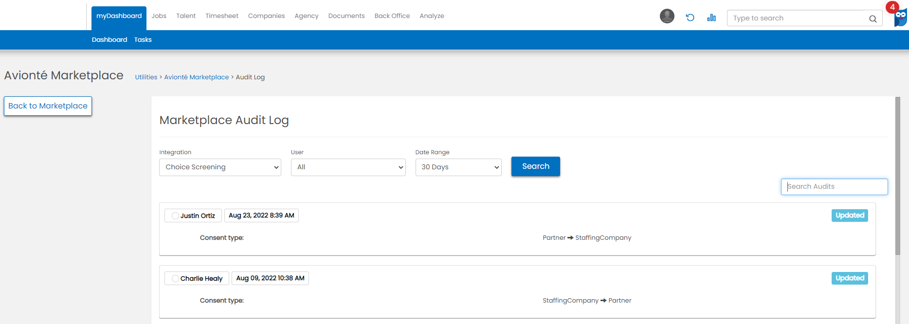 Marketplace Audit log view