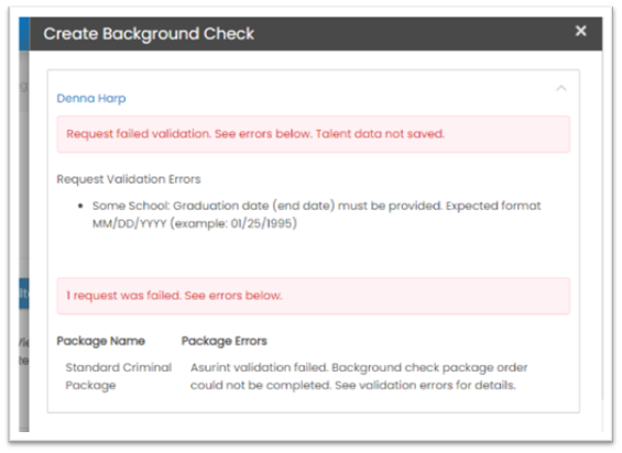 Order validation error detail
