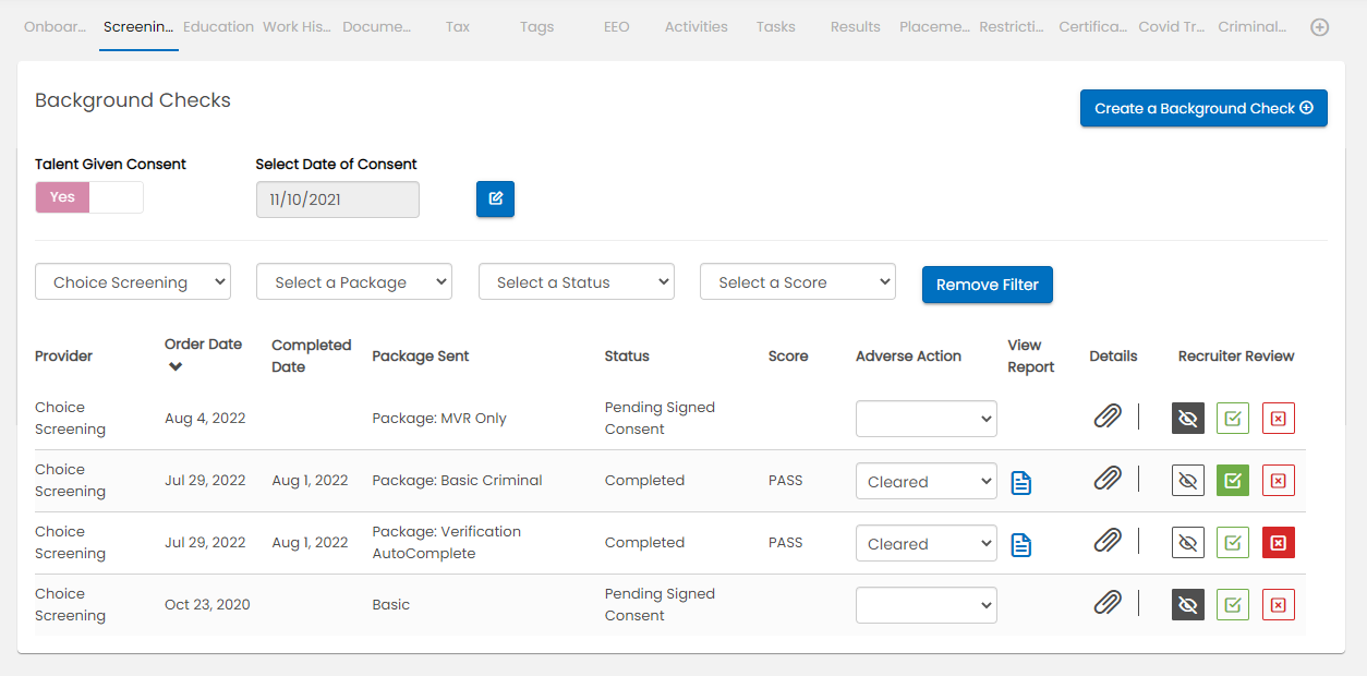 Talent Screening page with background check orders