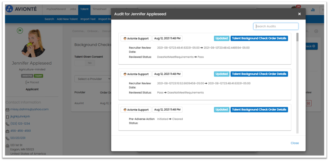 Talent audit log showing background check changes