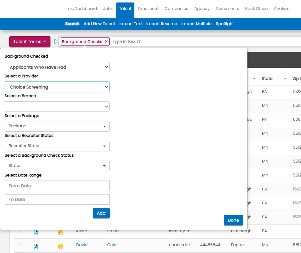 Background check search term options panel