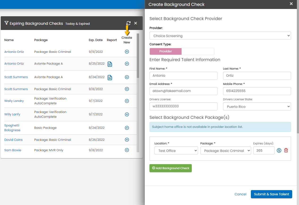 Create New button in Expiring Background Checks widget