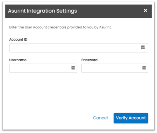 Asurint account credentials configuration screen