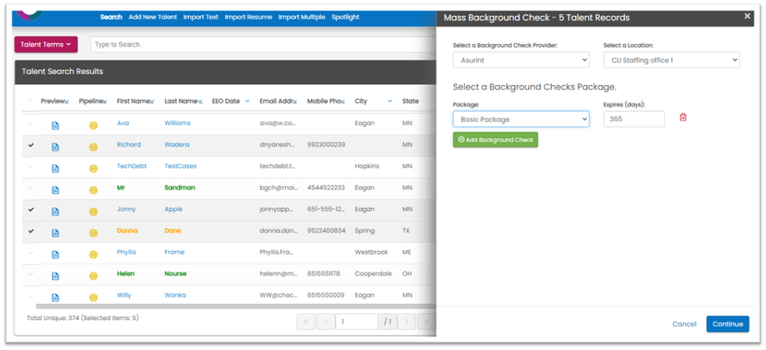 Mass Background Check order screen
