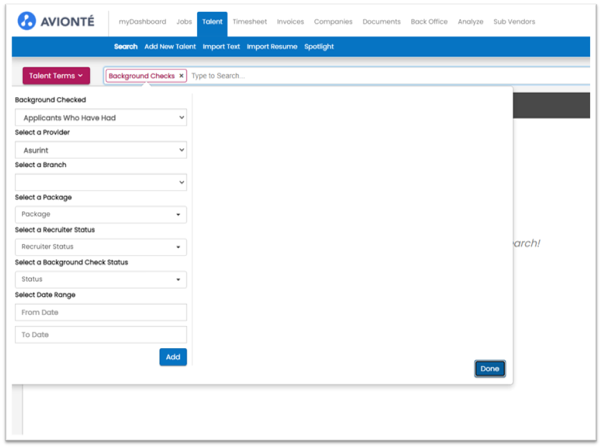 Background Check search terms applied in Talent Search results