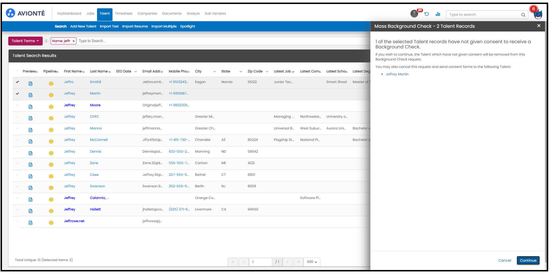 Consent validation check on Talent Screening page