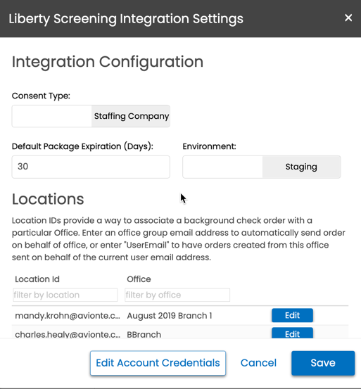 Liberty Screening integration settings screen