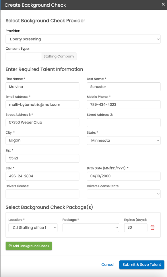 Create Background Check flyout with Staffing Company Consent