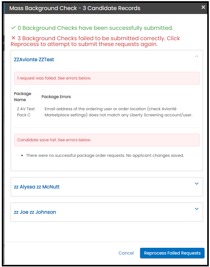 Mass order error detail with Reprocess Failed Requests option