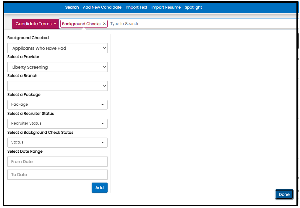 Background Check search terms applied in results