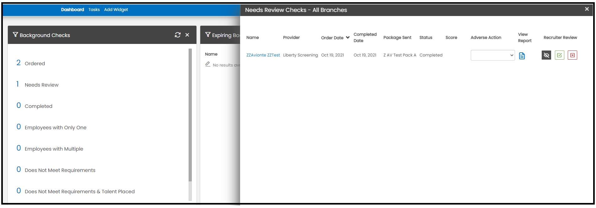 Background Check Widget — Needs Review tab